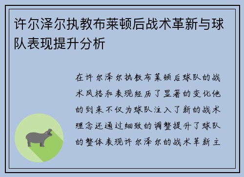 许尔泽尔执教布莱顿后战术革新与球队表现提升分析 许尔泽尔执教布莱顿后战术革新与球队表现提升分析