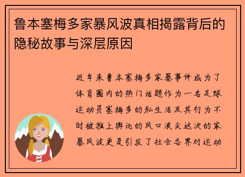 鲁本塞梅多家暴风波真相揭露背后的隐秘故事与深层原因